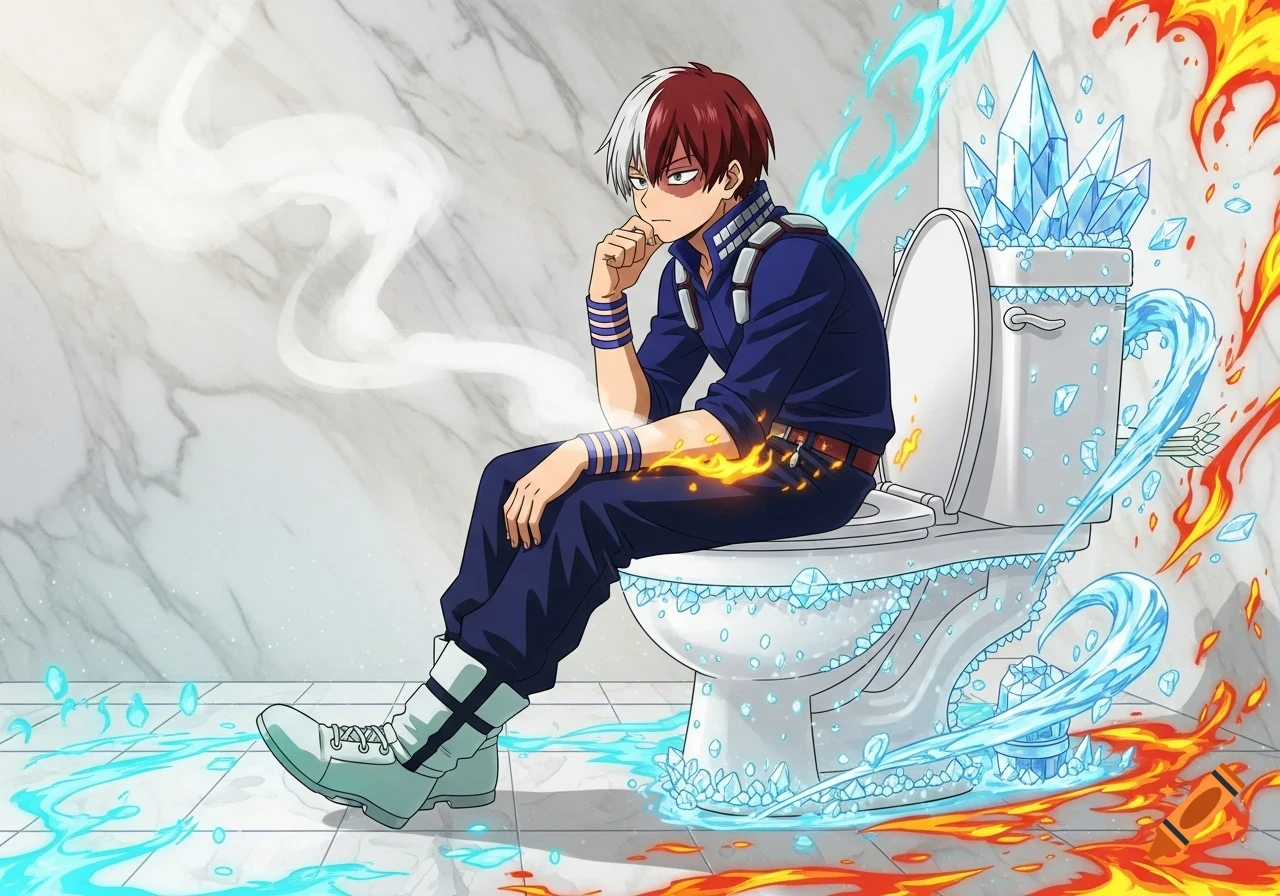 Anime character Shoto Todoroki sits on a toilet, surrounded by his ice and fire powers in a bathroom.