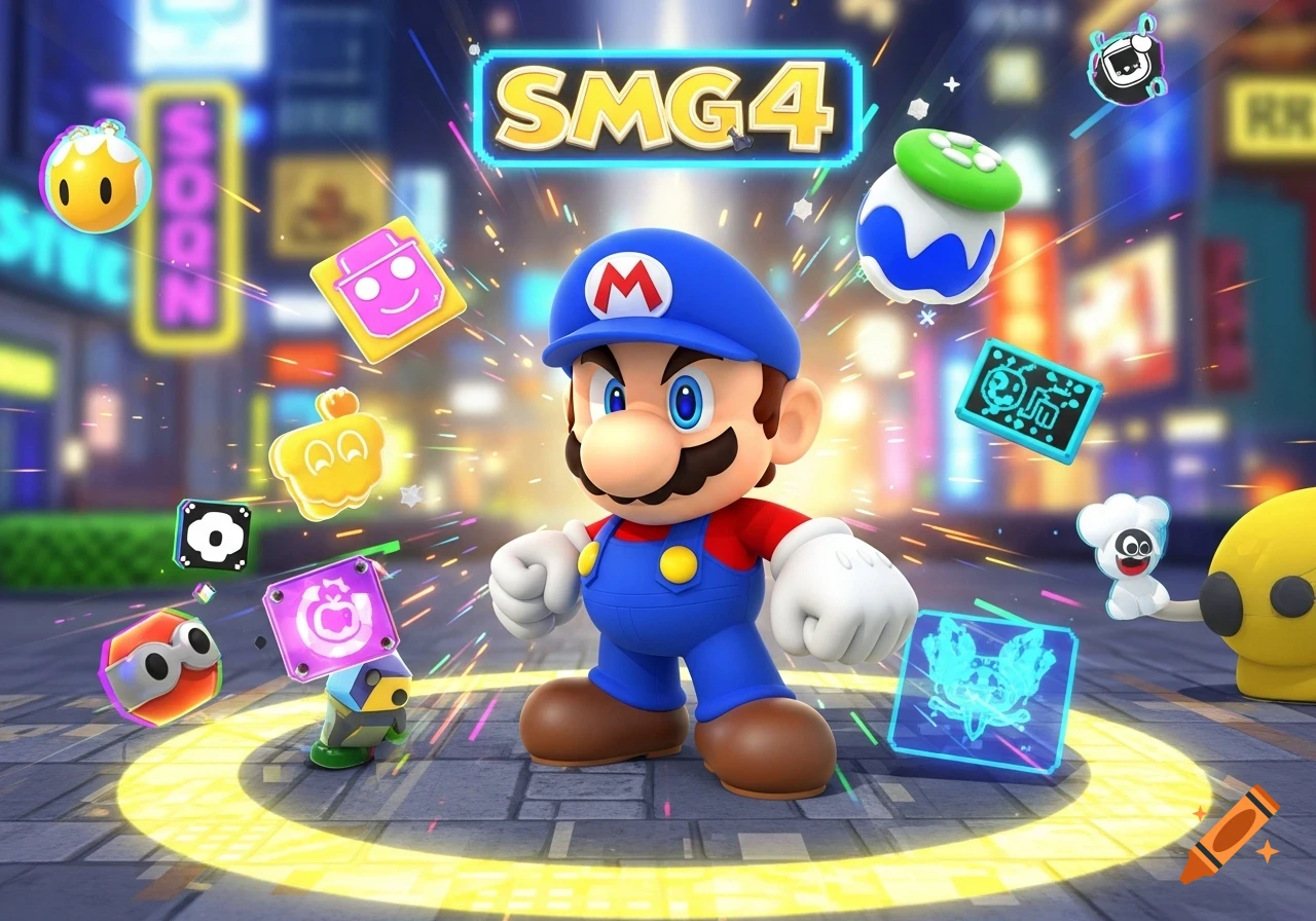 Stylized Mario stands on a glowing street in a neon city, surrounded by colorful game items and 'SMG4' text.
