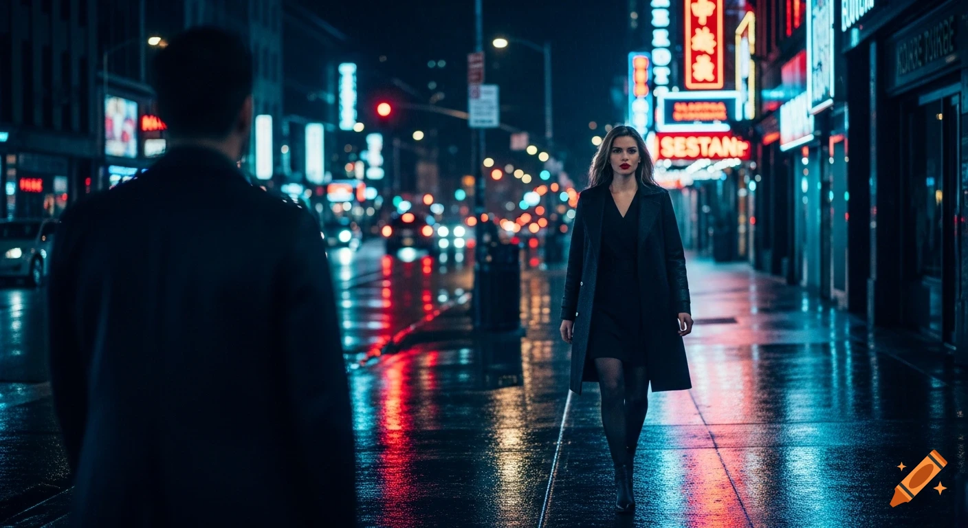 A woman in a black coat walks on a wet, neon-lit city street at night, observed by a man in the foreground.