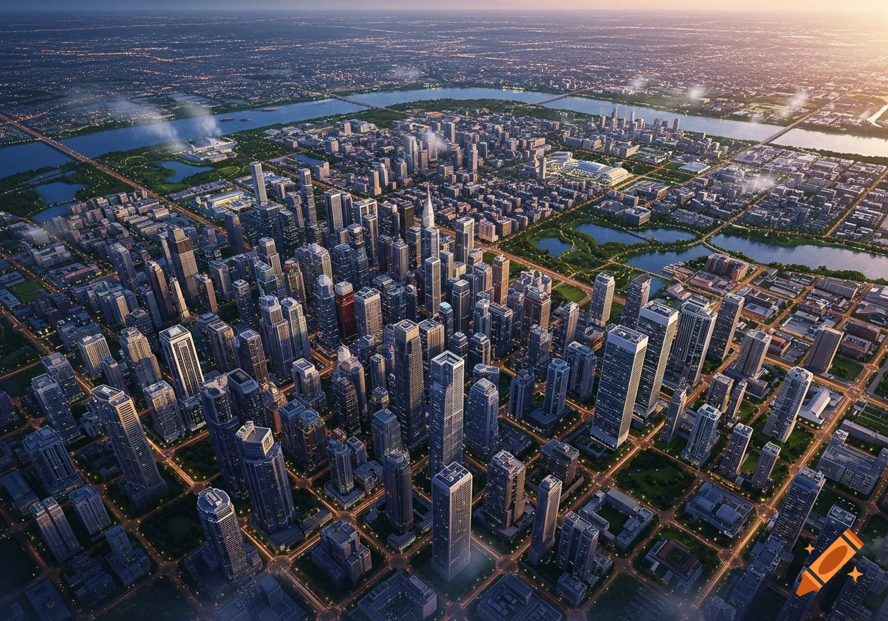A photorealistic aerial view of a sprawling modern city with numerous skyscrapers, rivers, and green spaces, illuminated by streetlights and the glow of dusk or dawn.