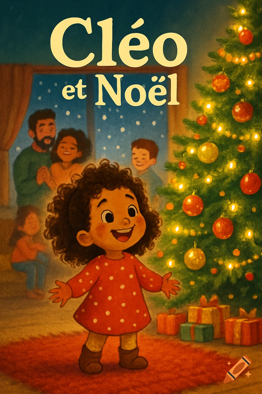 Cartoon illustration of a smiling girl named Cléo in a red dress, standing by a glowing Christmas tree with family in the background.
