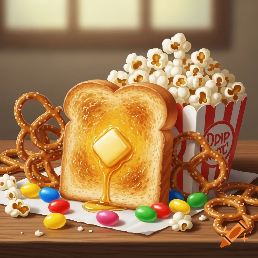 Illustration of buttered toast with melting butter, surrounded by popcorn, pretzel twists, and colorful jelly beans on a wooden table.