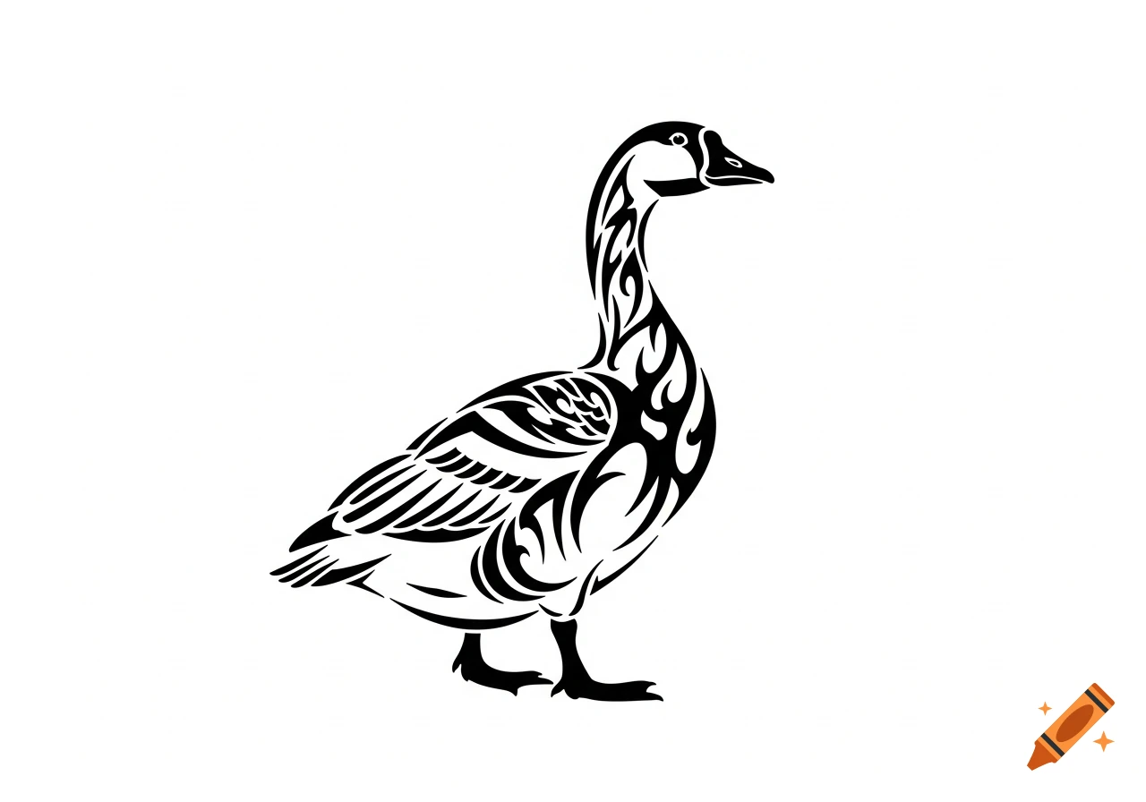A black and white tribal tattoo stencil of a goose.