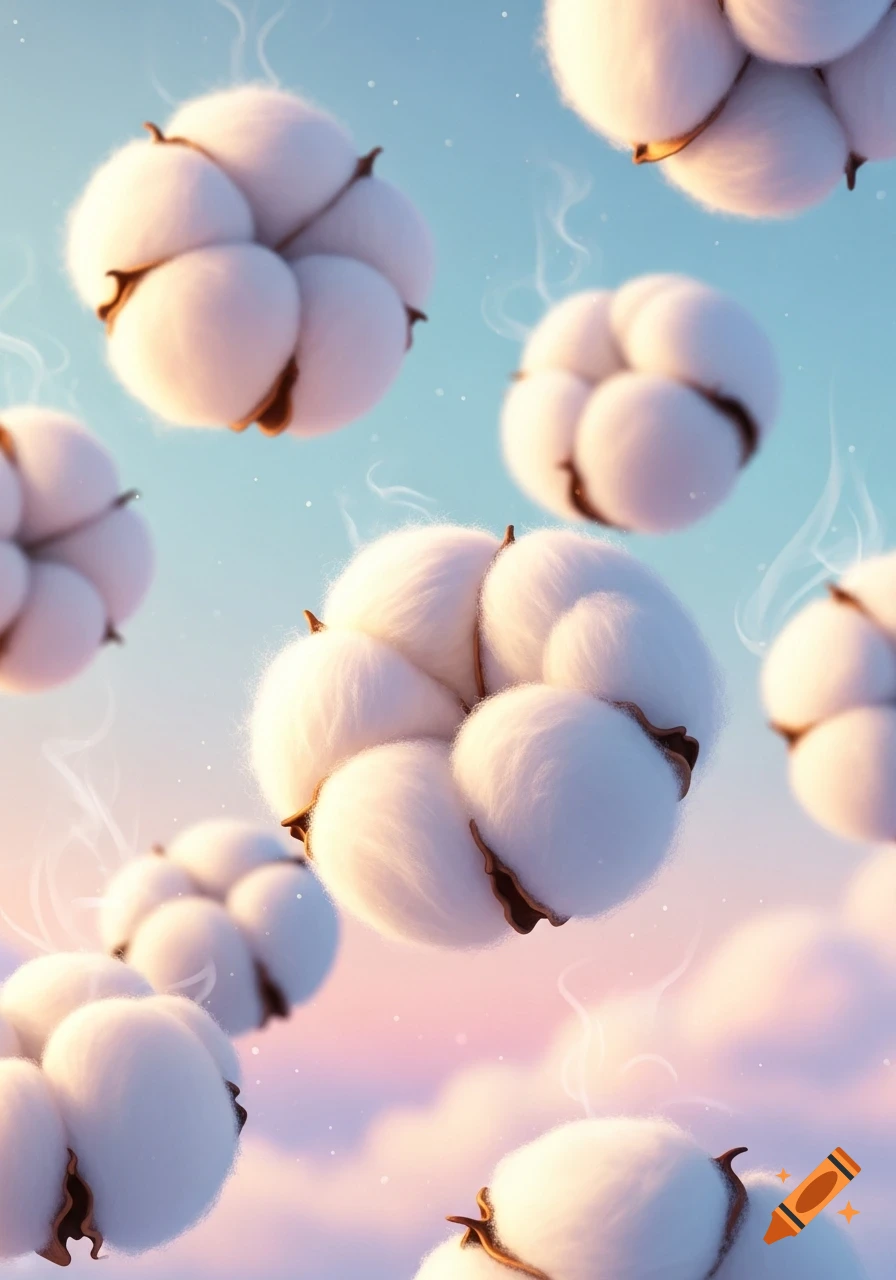 Fluffy white cotton balls floating in a soft pastel blue and pink sky with subtle vapor trails.