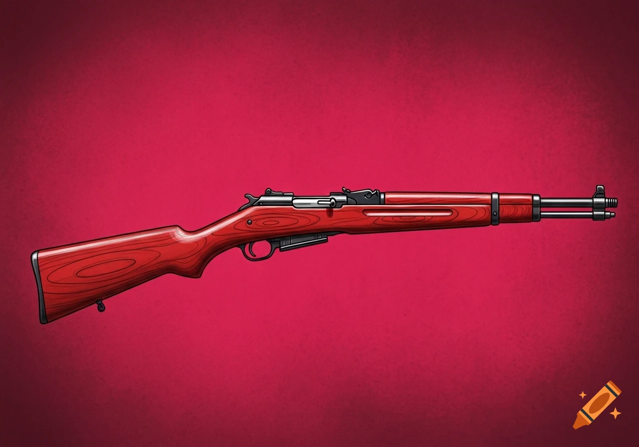 A stylized red rifle with a wooden stock on a dark pink background.
