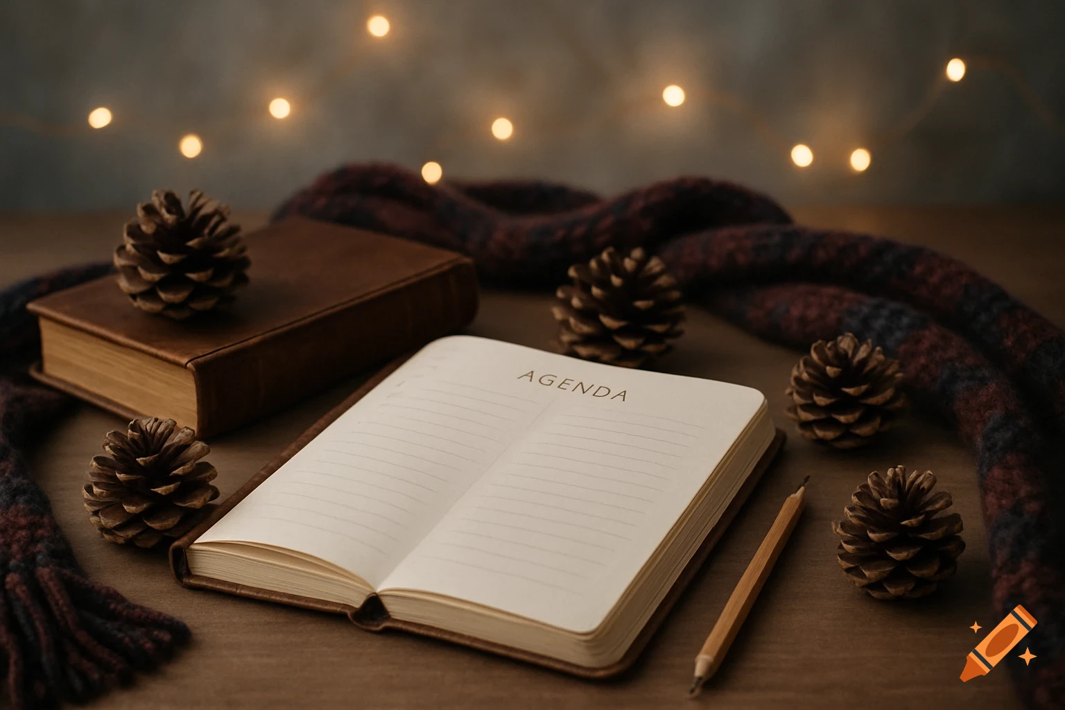 An open agenda with a pencil, a book, pine cones, and a plaid scarf on a wooden table, with blurred string lights. Photorealistic.