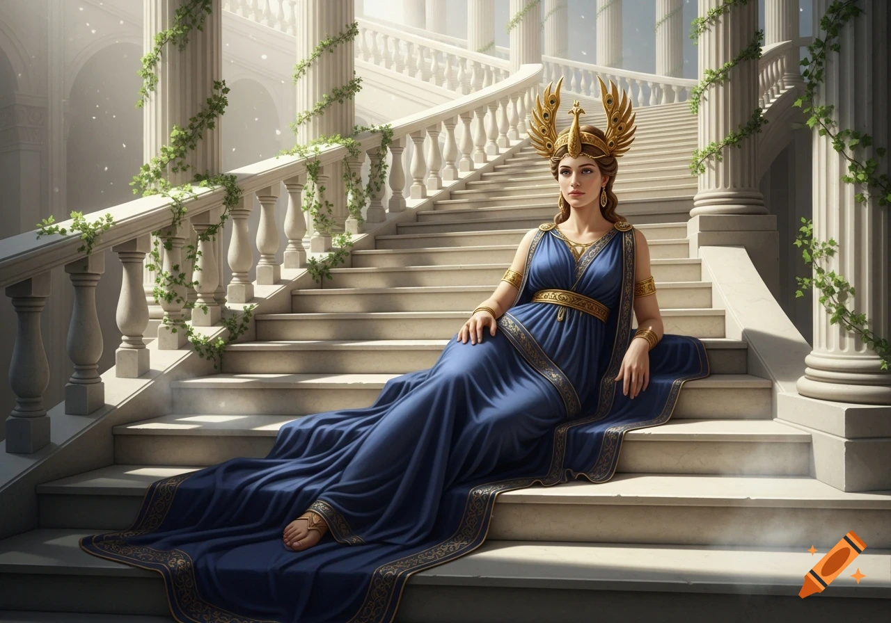 A goddess in a blue and gold gown and winged headdress sits on a grand classical marble staircase adorned with ivy.