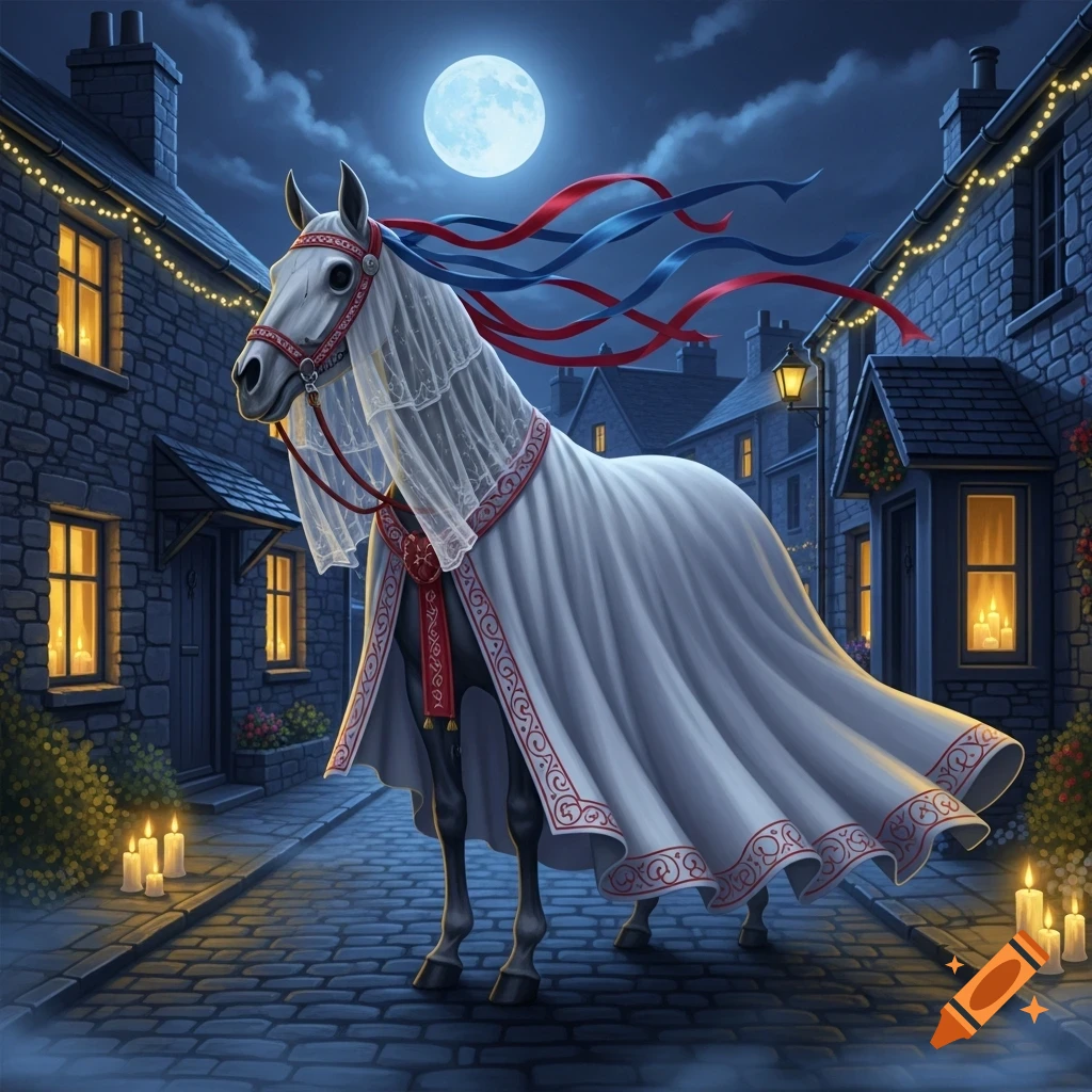 A white horse, dressed in a flowing white sheet and colorful ribbons, stands in a candlelit cobblestone village street at night under a full moon.