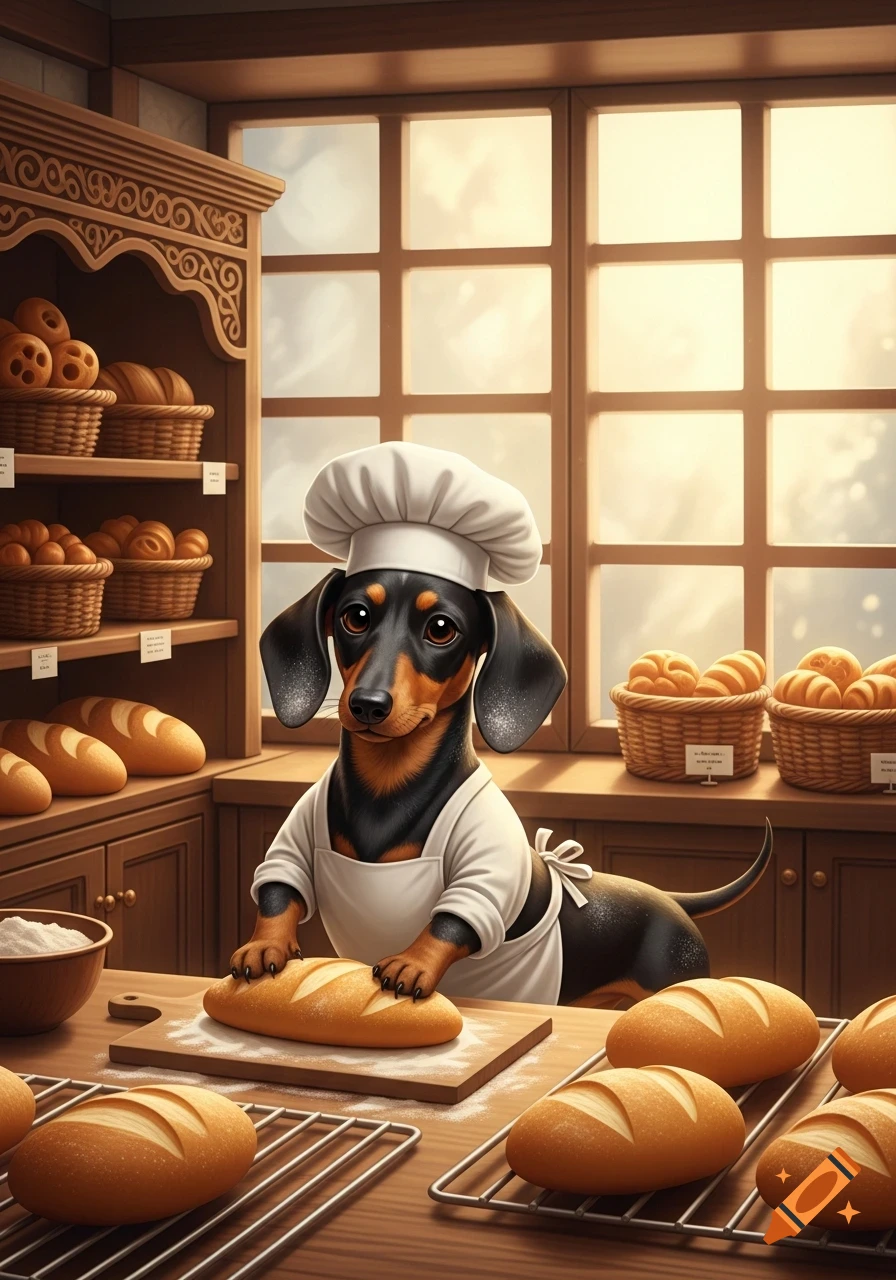 A cute dachshund dog wearing a chef's hat and apron bakes bread in a cozy, sunlit bakery.