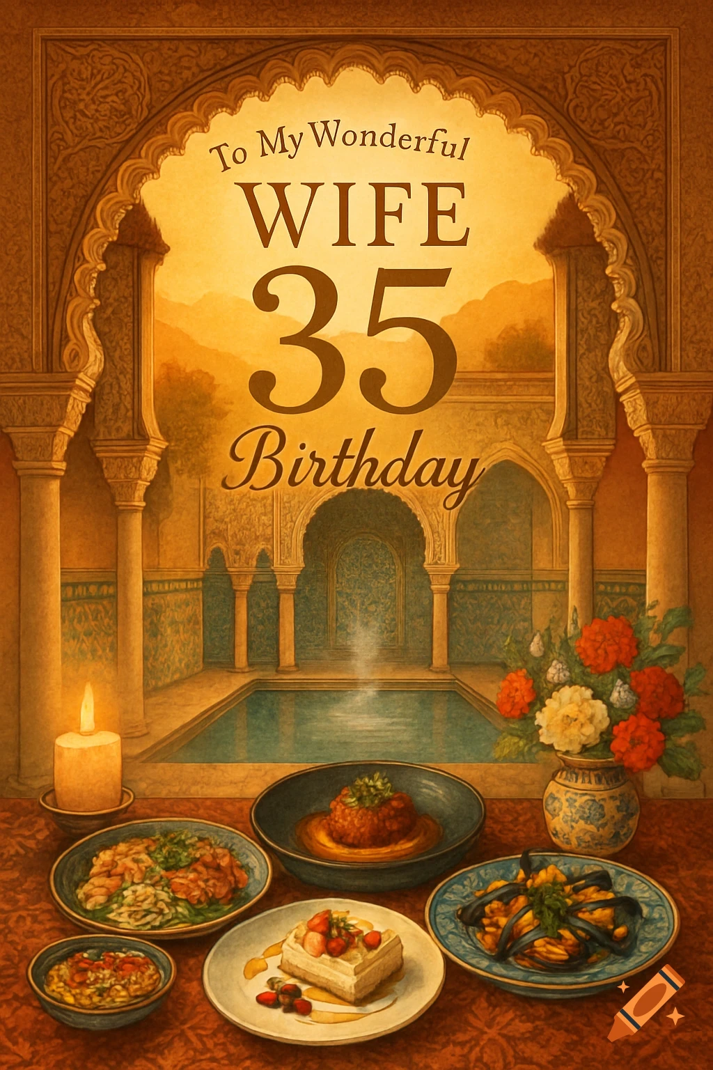 A stylized birthday card for a 35th birthday, featuring an ornate Arabic archway, a room with a pool, and a table laden with food and flowers.