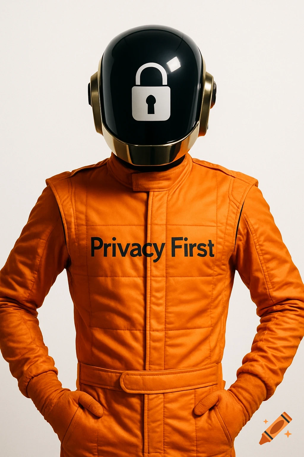 Person in orange racing suit and black Daft Punk-style helmet with a white padlock symbol, text 'Privacy First' on chest, on white background.