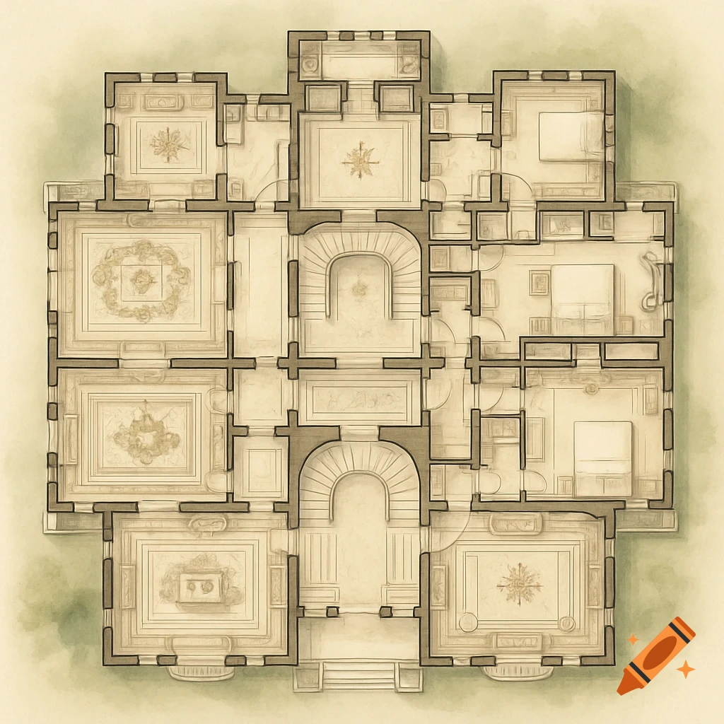Detailed 2D floor plan of a large, multi-story mansion with many rooms, stairs, and ornate decorative elements in an architectural drawing style.