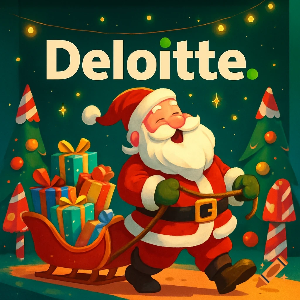A cartoon Santa Claus pulls a sleigh full of gifts under the 'Deloitte' logo amidst festive Christmas trees and lights.
