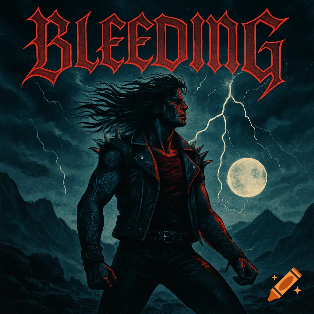 A stylized man in a spiked leather jacket stands in a dark, stormy mountain landscape with lightning and a full moon. "BLEEDING" is written above.