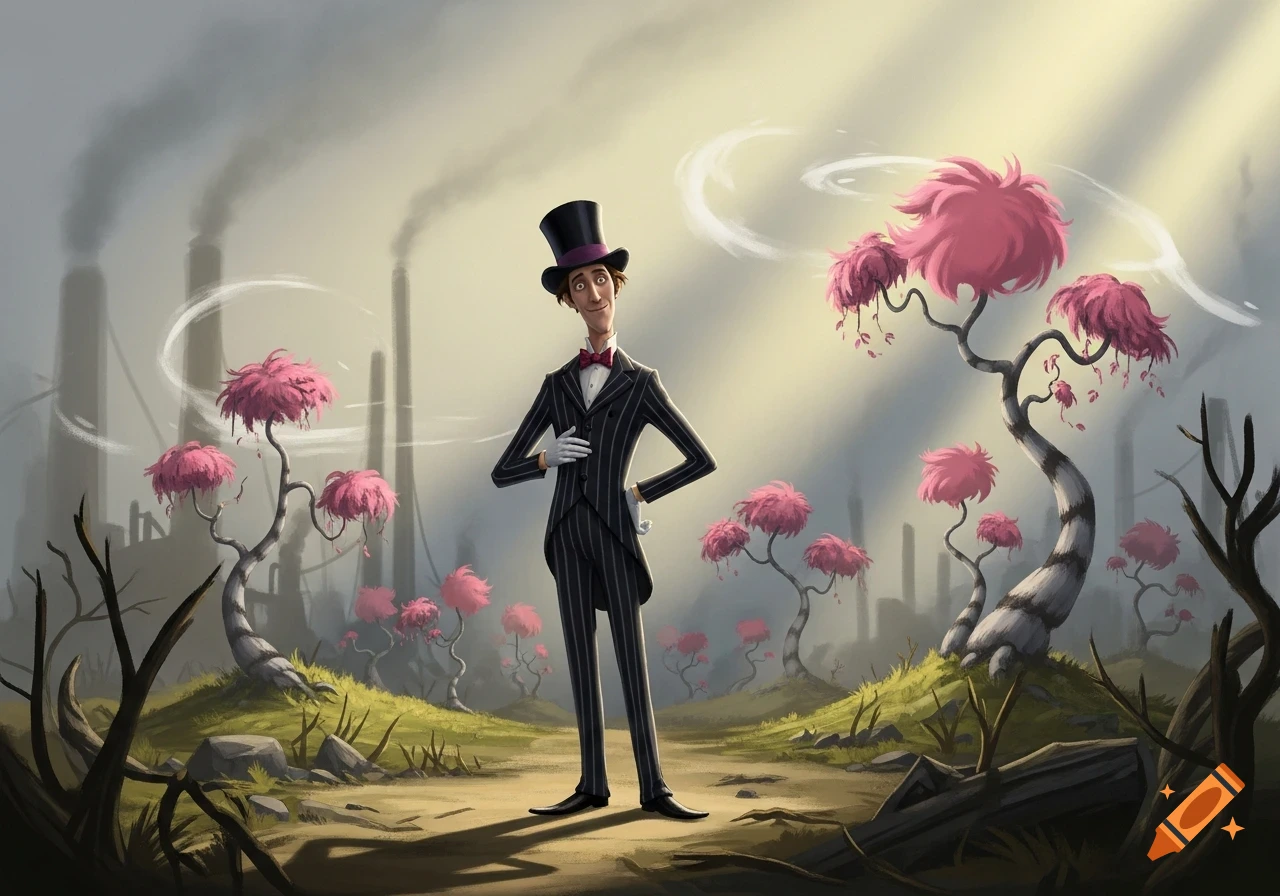 A tall, thin man in a striped suit and top hat stands in a desolate, industrial landscape with pink, fluffy trees.