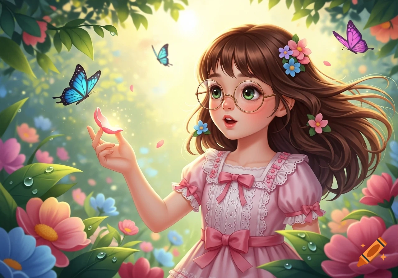 A cute anime girl with brown hair and round glasses holds a pink petal in a vibrant garden with colorful flowers and butterflies.