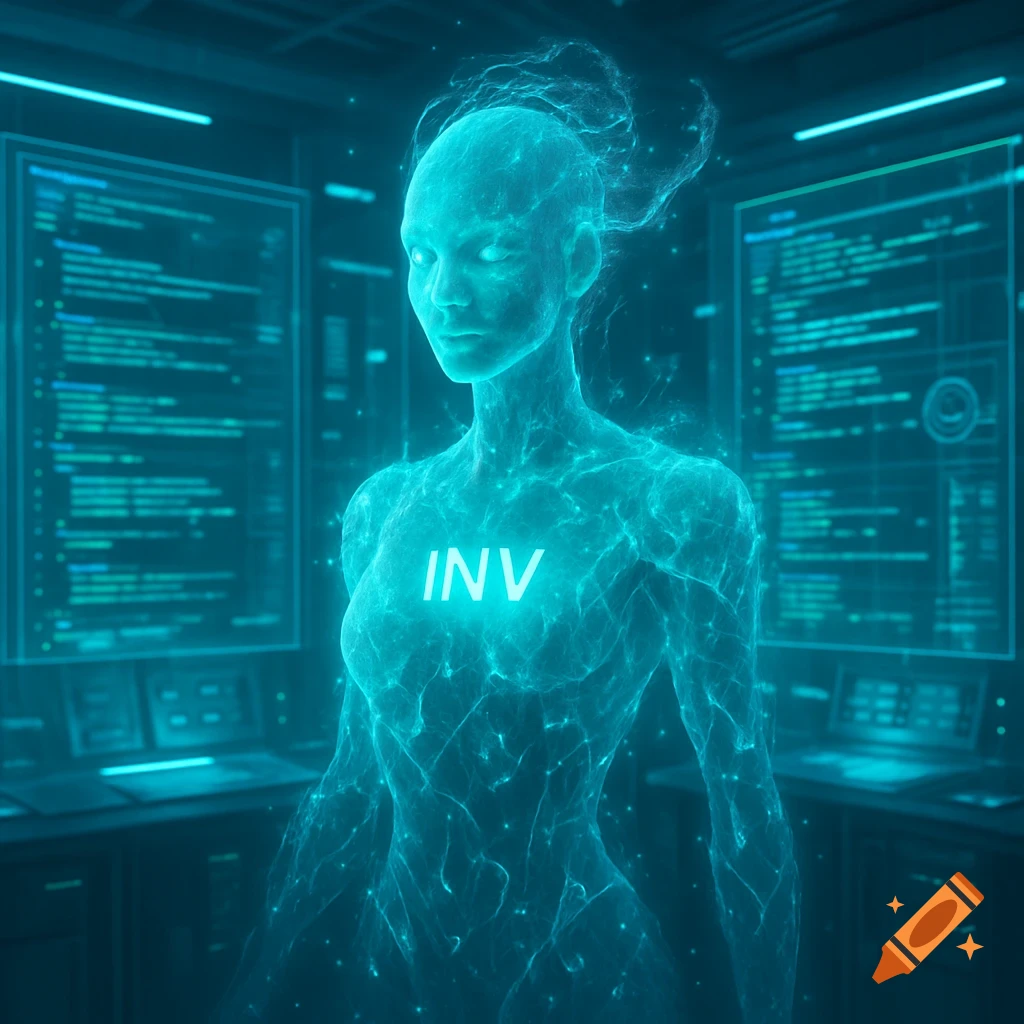 A glowing, transparent humanoid AI figure with 'INV' on its chest stands in a futuristic data room surrounded by screens of code, digital art.