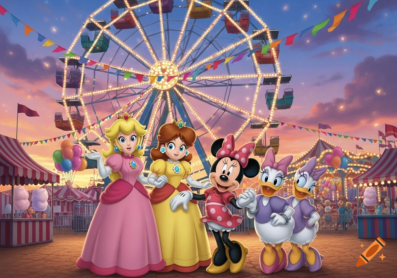 Princess Peach, Princess Daisy, Minnie Mouse, and Daisy Duck at a colorful fun fair with a Ferris wheel against a sunset sky.
