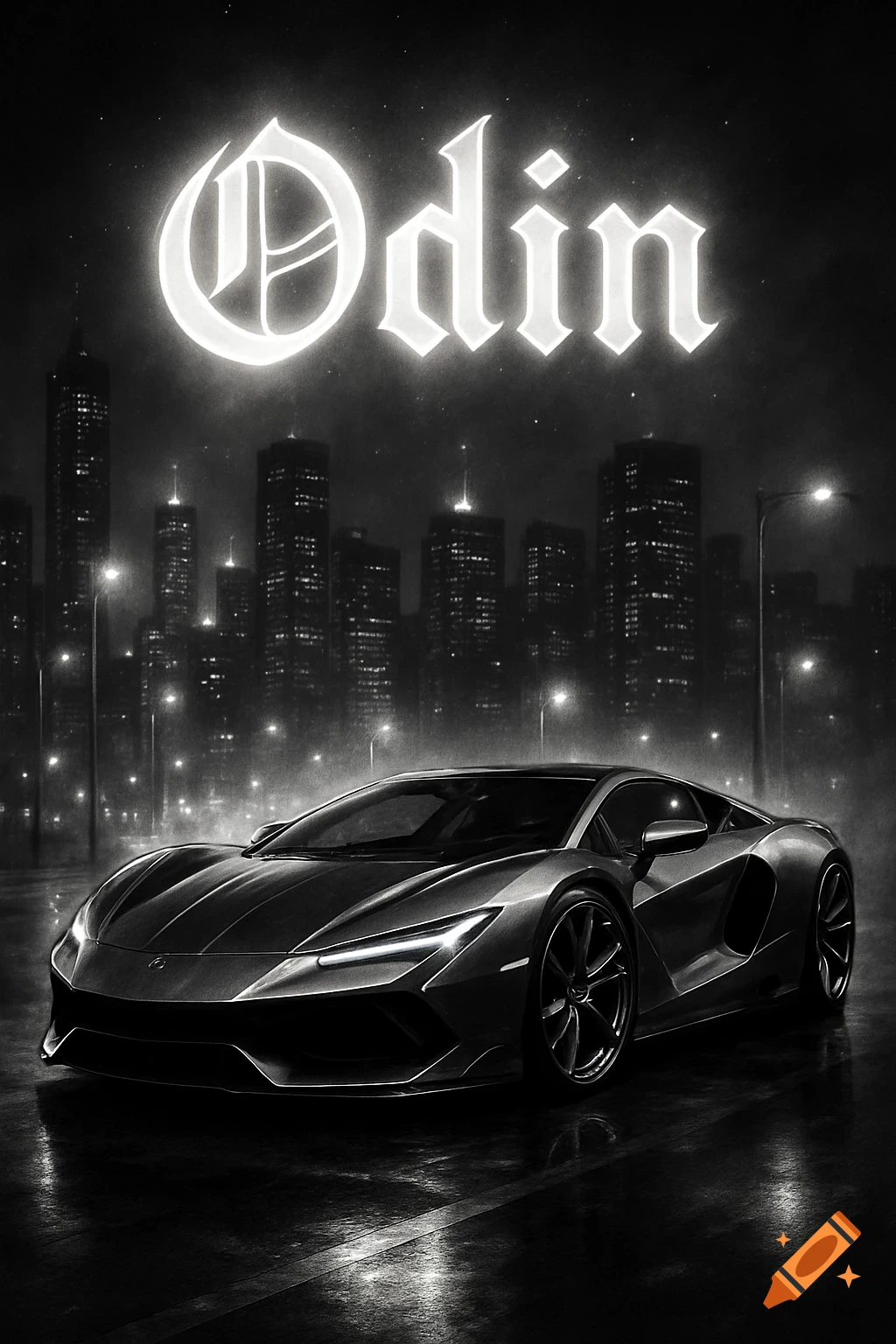 A black and white image of a sleek supercar on a wet city street at night, beneath the glowing word 'Odin' and a dark skyline.