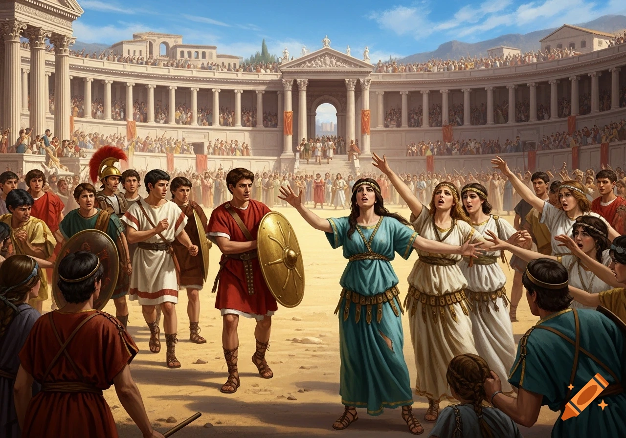 A dramatic scene in ancient Rome showing a crowd in an arena. Women in the foreground plead with outstretched arms while Roman soldiers with shields stand by.