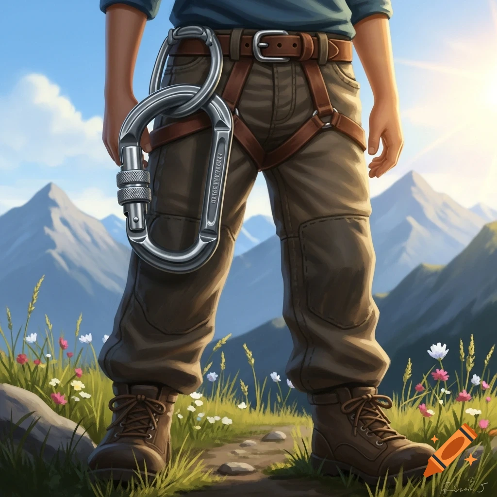 Close-up of a person wearing hiking boots and pants with a large climbing carabiner attached to their belt, standing on a sunny mountain trail with wildflowers.
