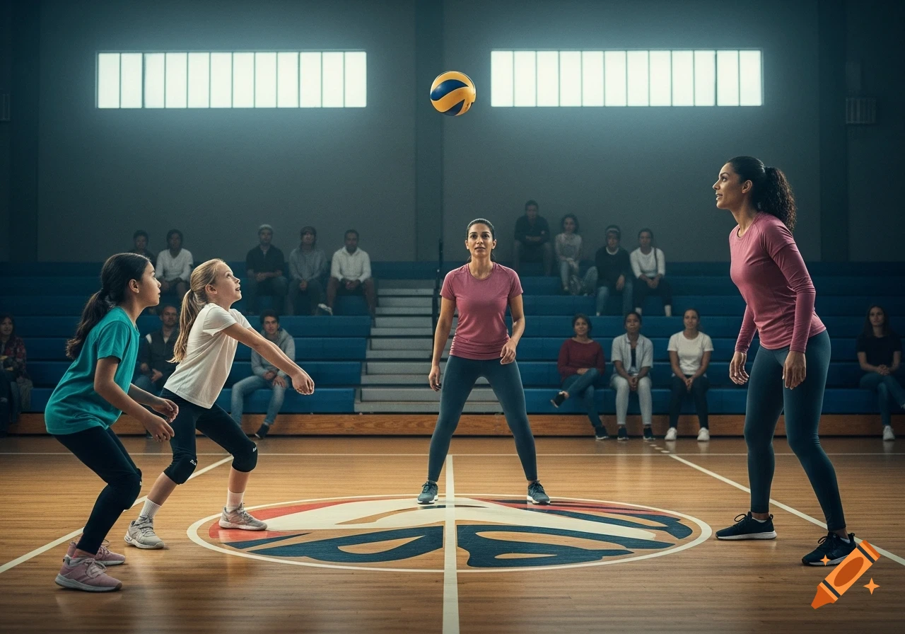 An indoor volleyball game in a gym with young girls and adult women playing, a ball in mid-air, and spectators in bleachers.