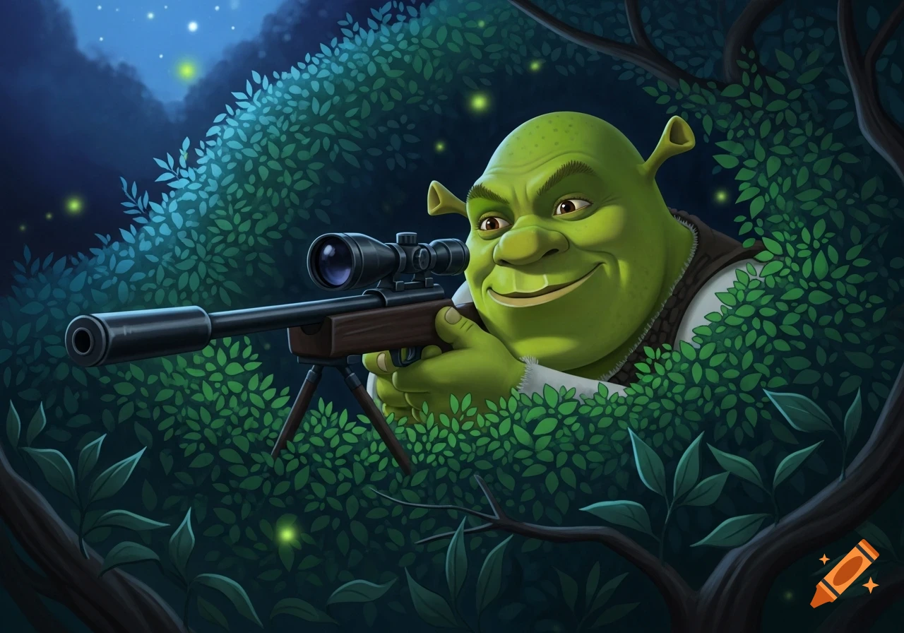 Digital art of Shrek peeking from green bushes at night, aiming a sniper rifle with a sly grin.