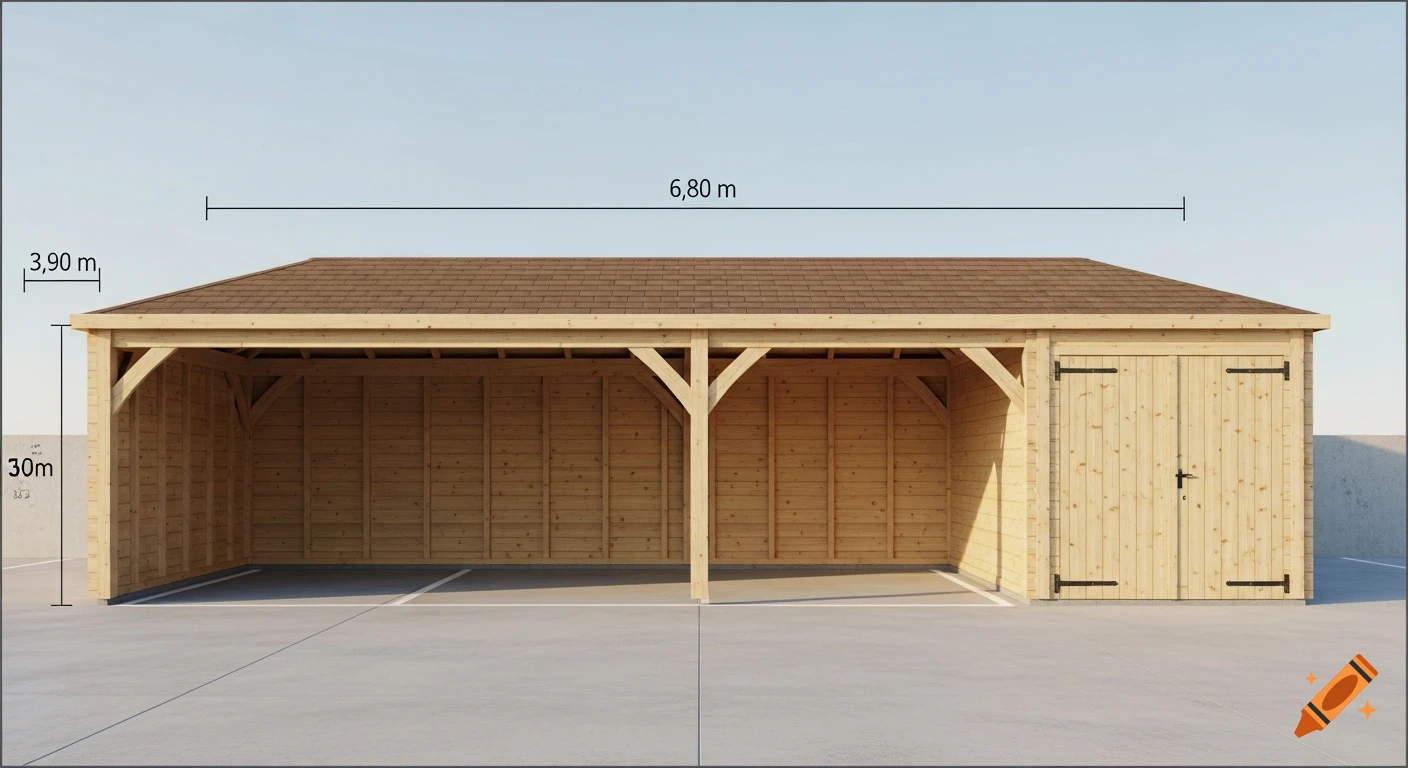 A photorealistic rendering of a wooden carport with a brown roof, featuring two open parking bays and a closed storage section, with dimensions 3.90 m and 6.80 m indicated.