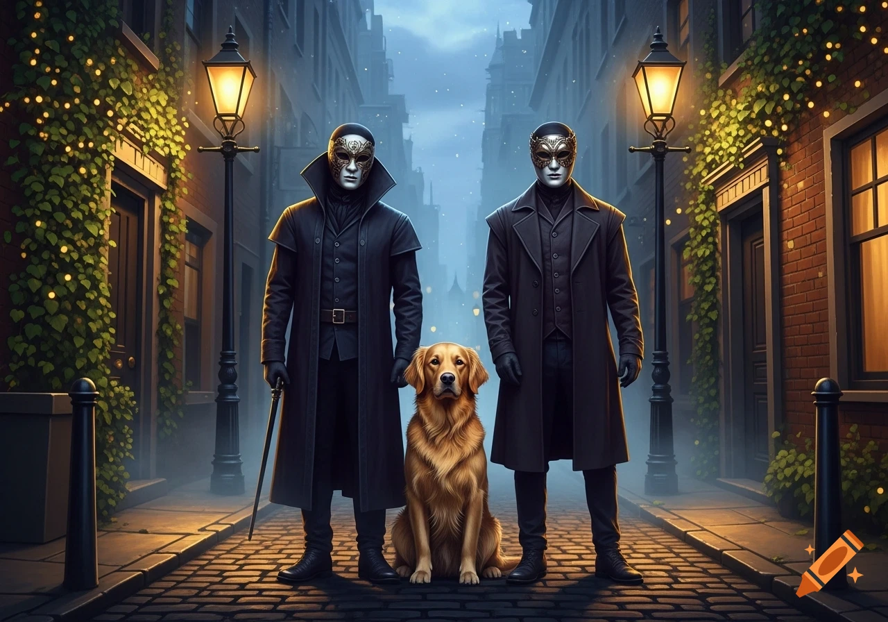 Two masked men in long coats flank a golden retriever on a cobblestone street at night, with illuminated buildings and gas lamps.