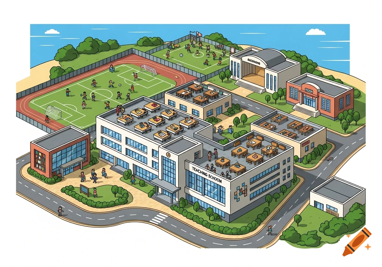 Isometric cartoon illustration of a school campus with several buildings, sports fields where students play, and roads, set near the ocean.