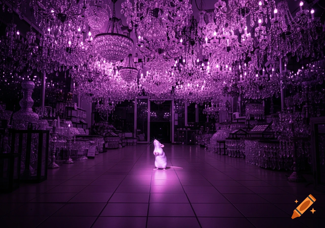 A hyper-realistic long-exposure photo of a small white rat looking up in a dazzling chandelier shop, bathed in purple light.