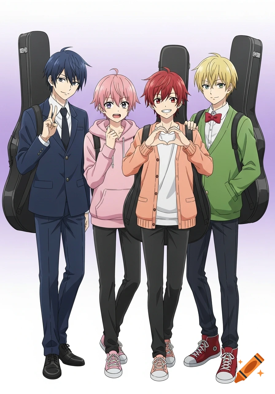 Four anime boys standing together, each with a guitar case. One makes a peace sign, another a heart shape.