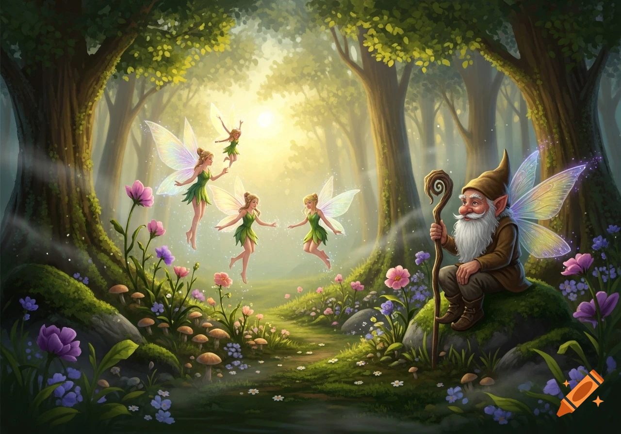Magical illustration of fairies flying in an enchanted forest where a gnome sits on a rock, surrounded by vibrant flowers and mushrooms.