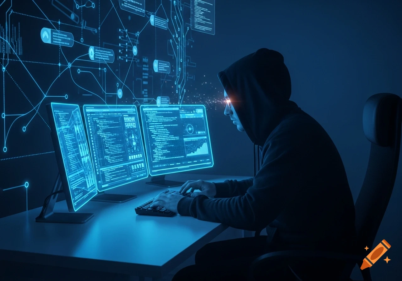 A person in a hoodie works at multiple computer monitors displaying glowing blue code and network diagrams in a dark room.
