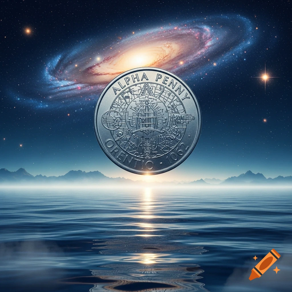 A large silver coin, inscribed with "ALPHA PENNY" and intricate designs, floats above a calm ocean under a starry sky with a bright galaxy.