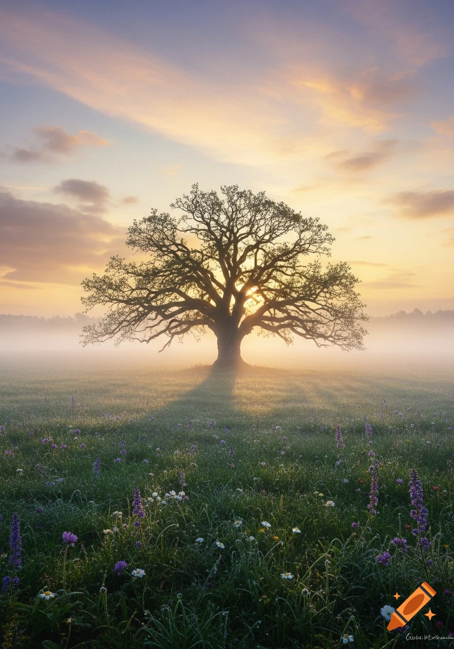 A large, silhouetted tree stands in a misty field at sunrise, with purple and white wildflowers in the foreground.