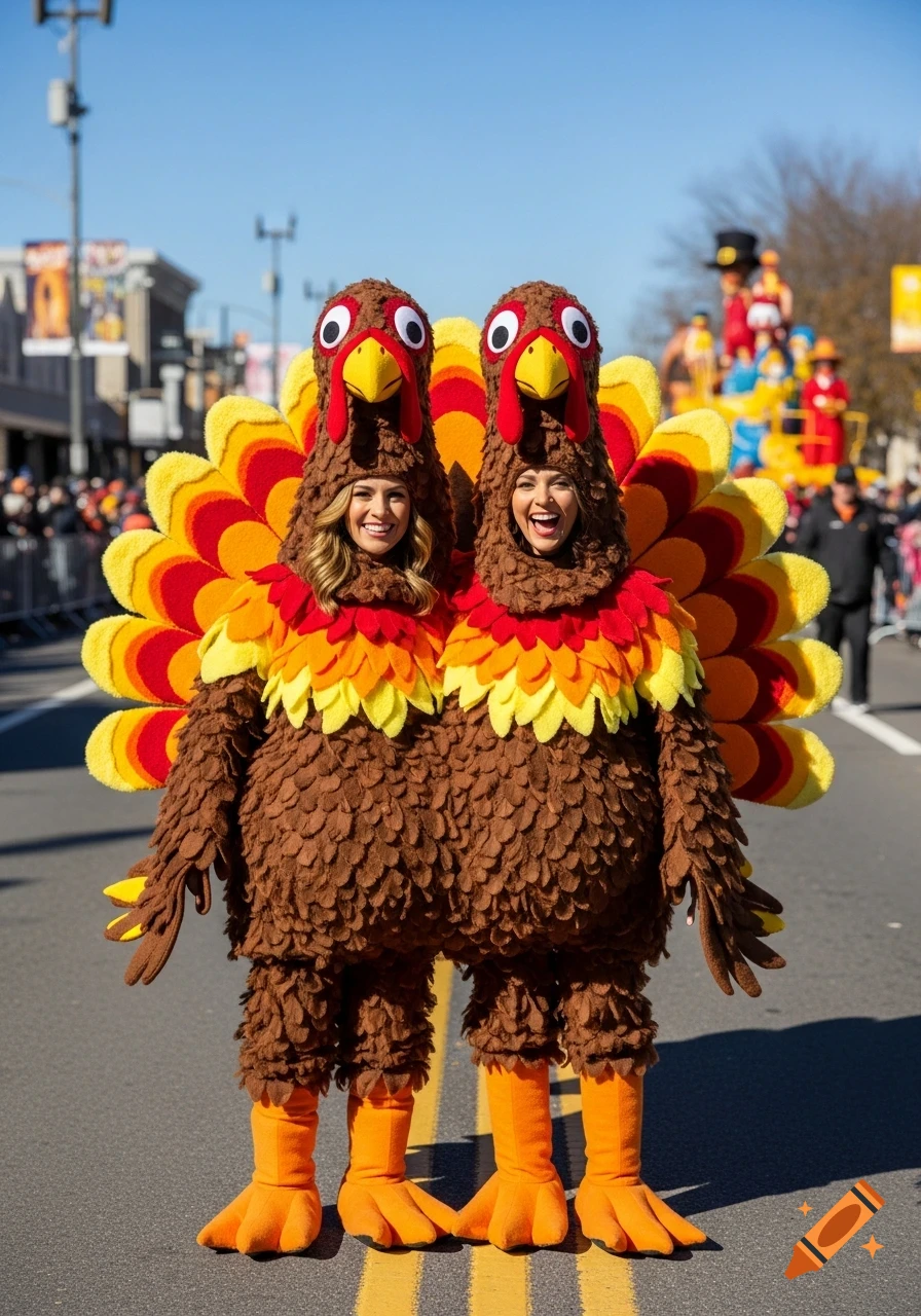 Two women in a large, brown and orange turkey costume smile at a Thanksgiving parade. Crowds and a float are in the sunny background.