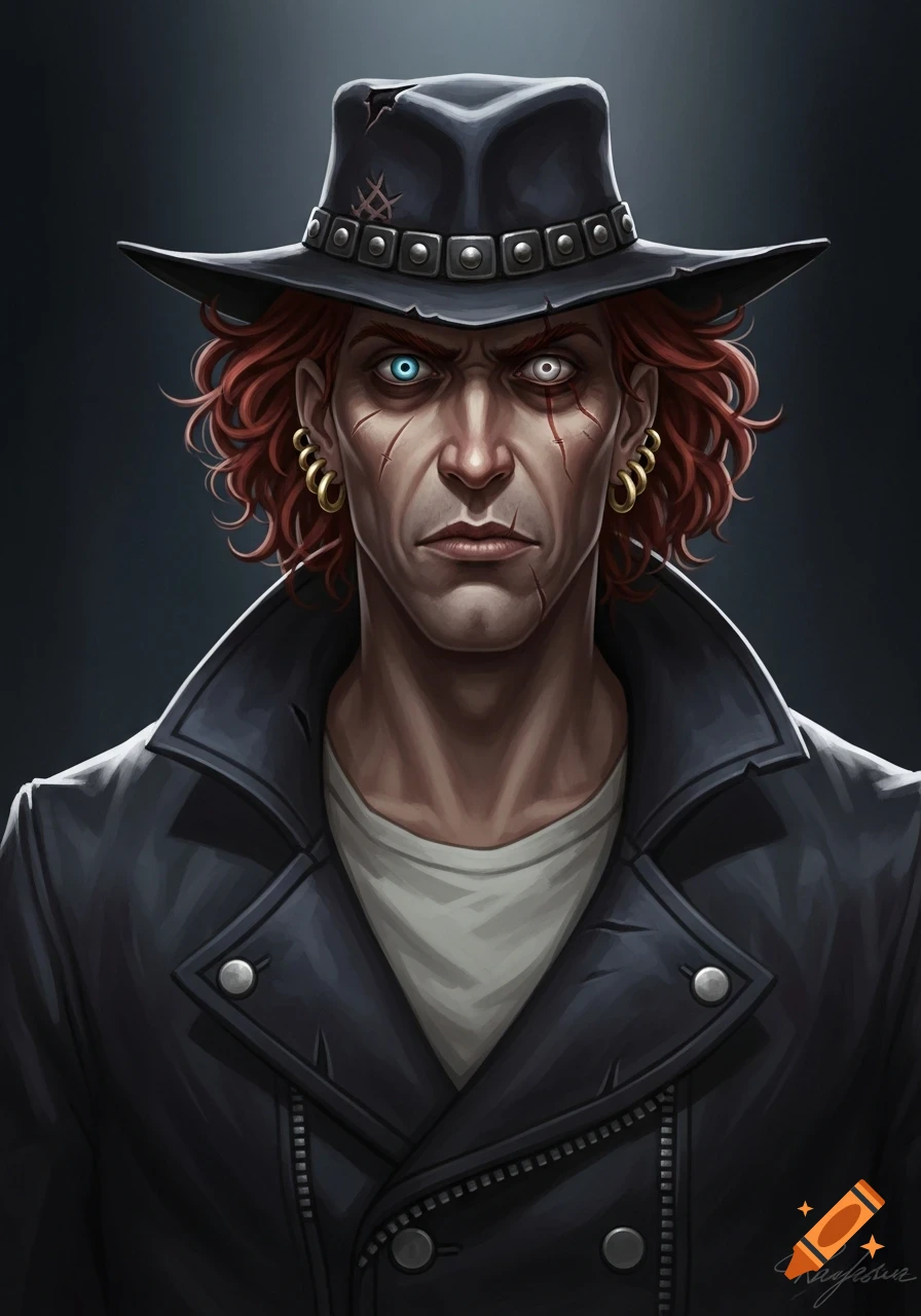 A gritty, dramatic illustration of an intimidating criminal with red hair, scars, mismatched eyes, a worn hat, and a leather jacket.