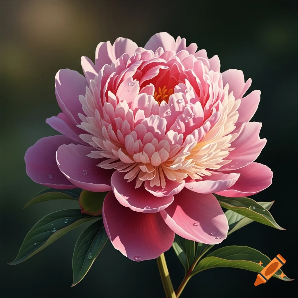 Close-up photorealistic pink peony with water droplets.