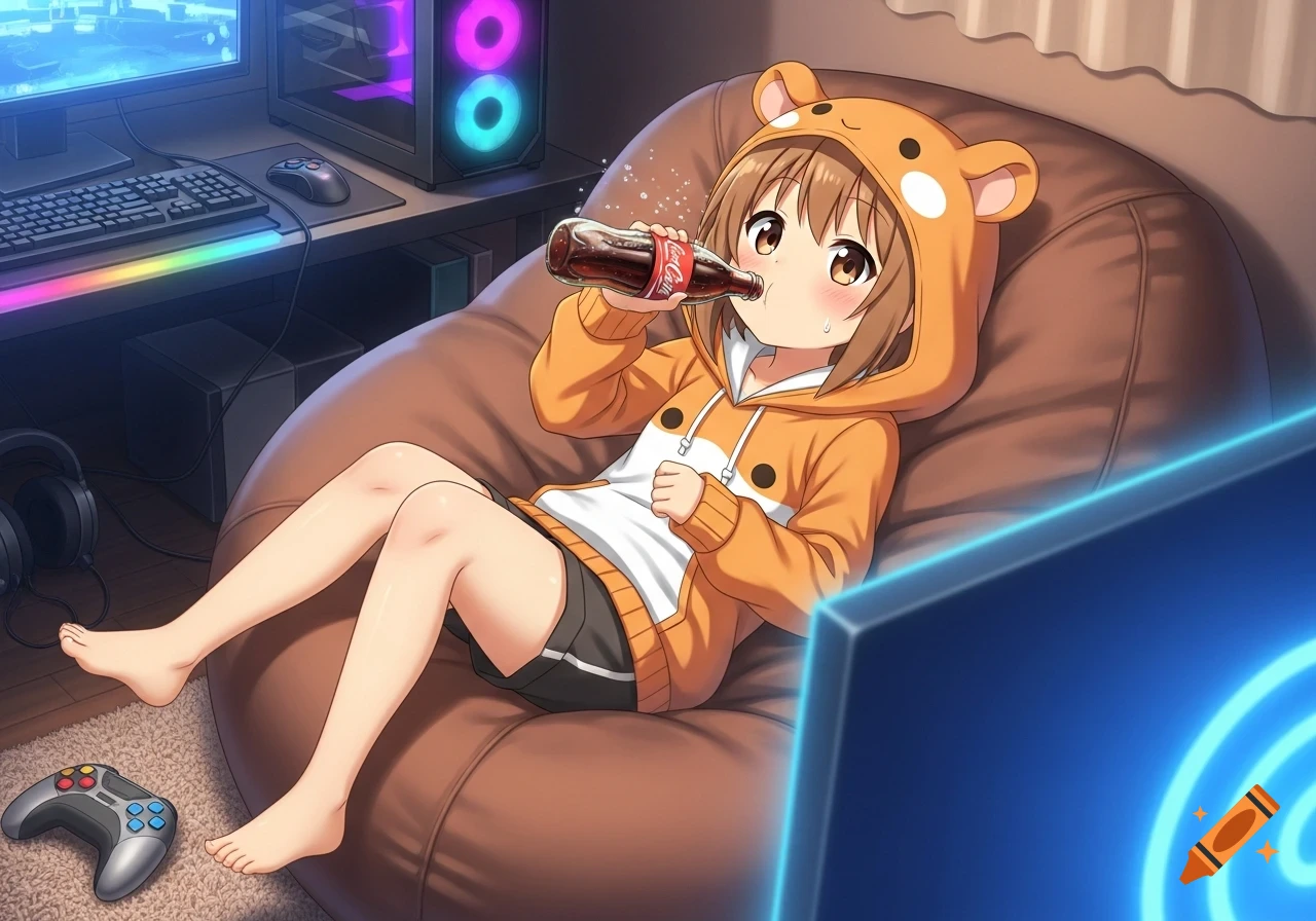 Anime girl in a bear-hooded sweatshirt drinks Coca-Cola while lounging on a bean bag chair next to a gaming PC.