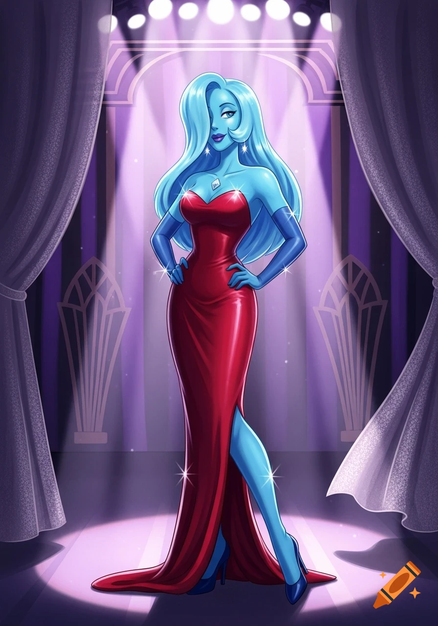 A blue-skinned woman with long hair in a shiny red dress and blue gloves poses on a purple stage with spotlights.