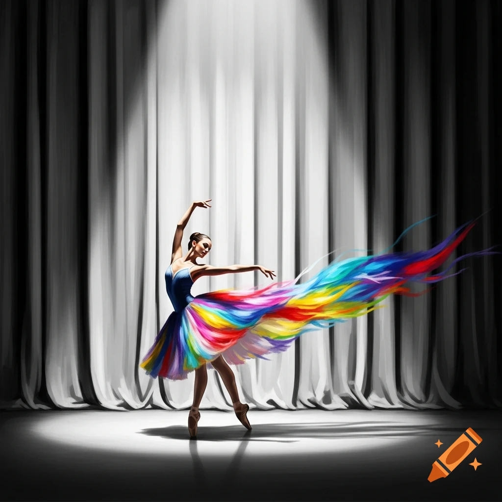 A ballerina in a flowing rainbow tutu dances on a stage with abstract black and white curtains under a spotlight.