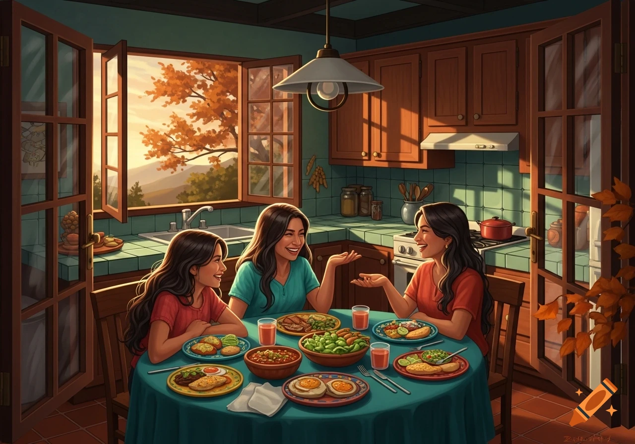 Three laughing women in a cozy, illustrated kitchen enjoying a meal at a round table with a sunset view through a window.