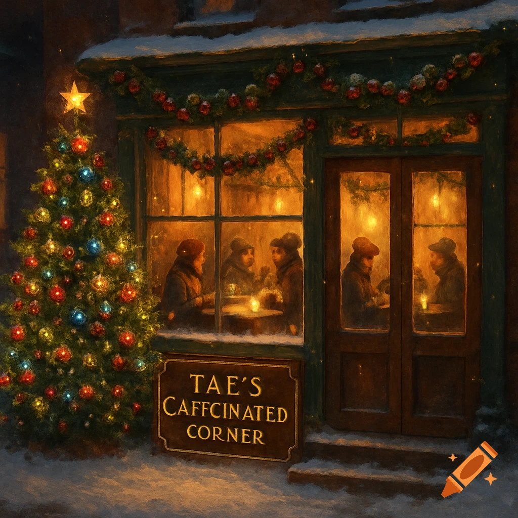 A snowy, painterly Christmas scene of a coffee shop with a lit tree outside. People are visible inside through windows decorated with garlands.