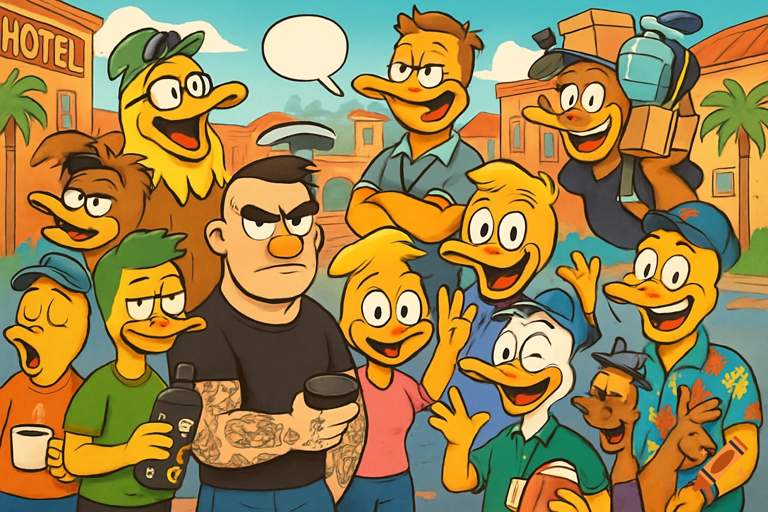 A colorful Looney Tunes-style cartoon shows a large group of smiling anthropomorphic duck characters and one human-like character, with a 'HOTEL' sign in the background.