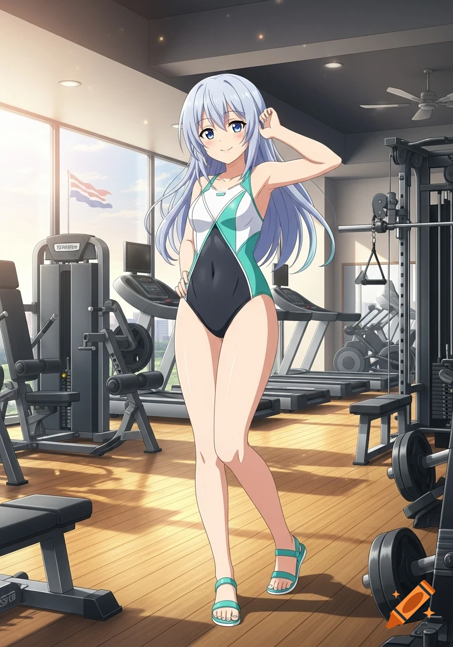 An anime girl with long light blue hair in a white, teal, and black swimsuit and sandals smiles in a gym.
