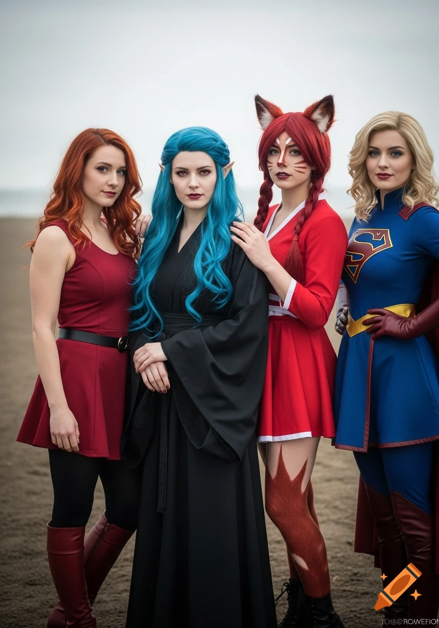 Four women in fantasy and superhero cosplay pose on a sandy beach under an overcast sky.