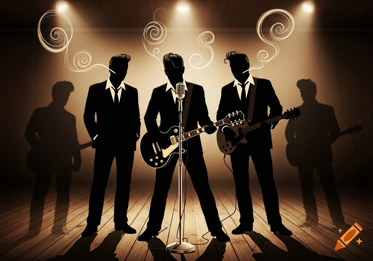 Dramatic silhouette illustration of a rockabilly band performing on stage under spotlights, with smoke swirls above.