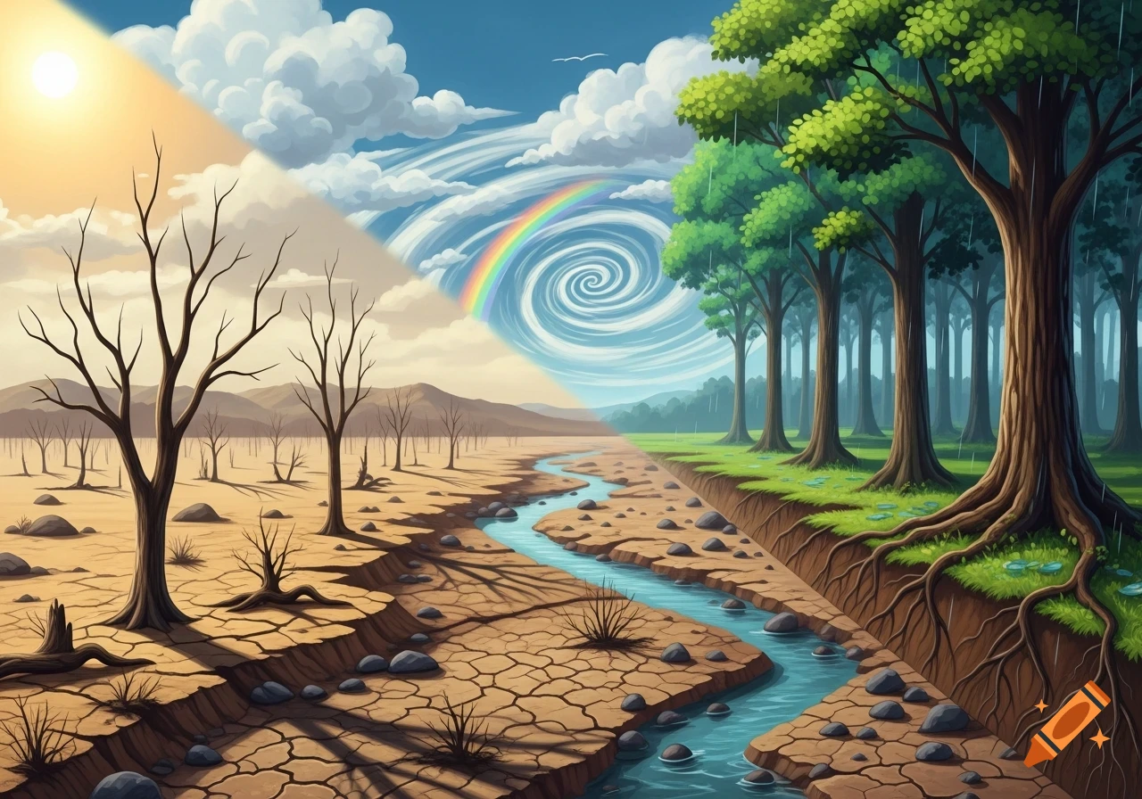 A split landscape illustrating climate change, with a desert on the left and a lush forest with a river and rainbow on the right.