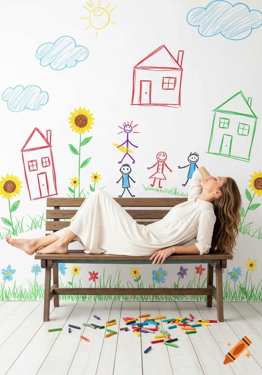 Photorealistic woman reclining on a wooden bench against a white wall with colorful child's crayon drawings, scattered crayons on the floor.